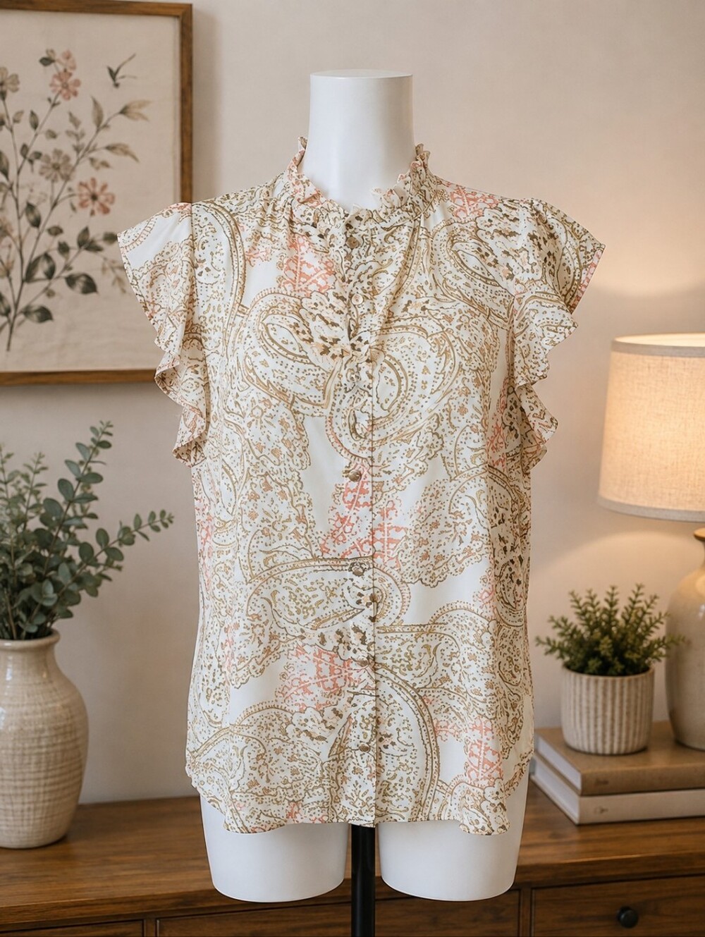 Calvin Klein Paisley Ruffle Sleeve Blouse – Size Large